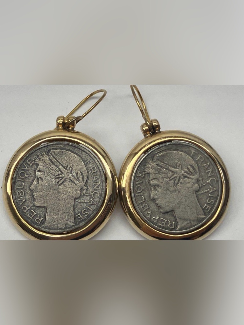 Earrings Vintage French  Franc Coin Drop Earrings Republique Francaise Gold
Tone